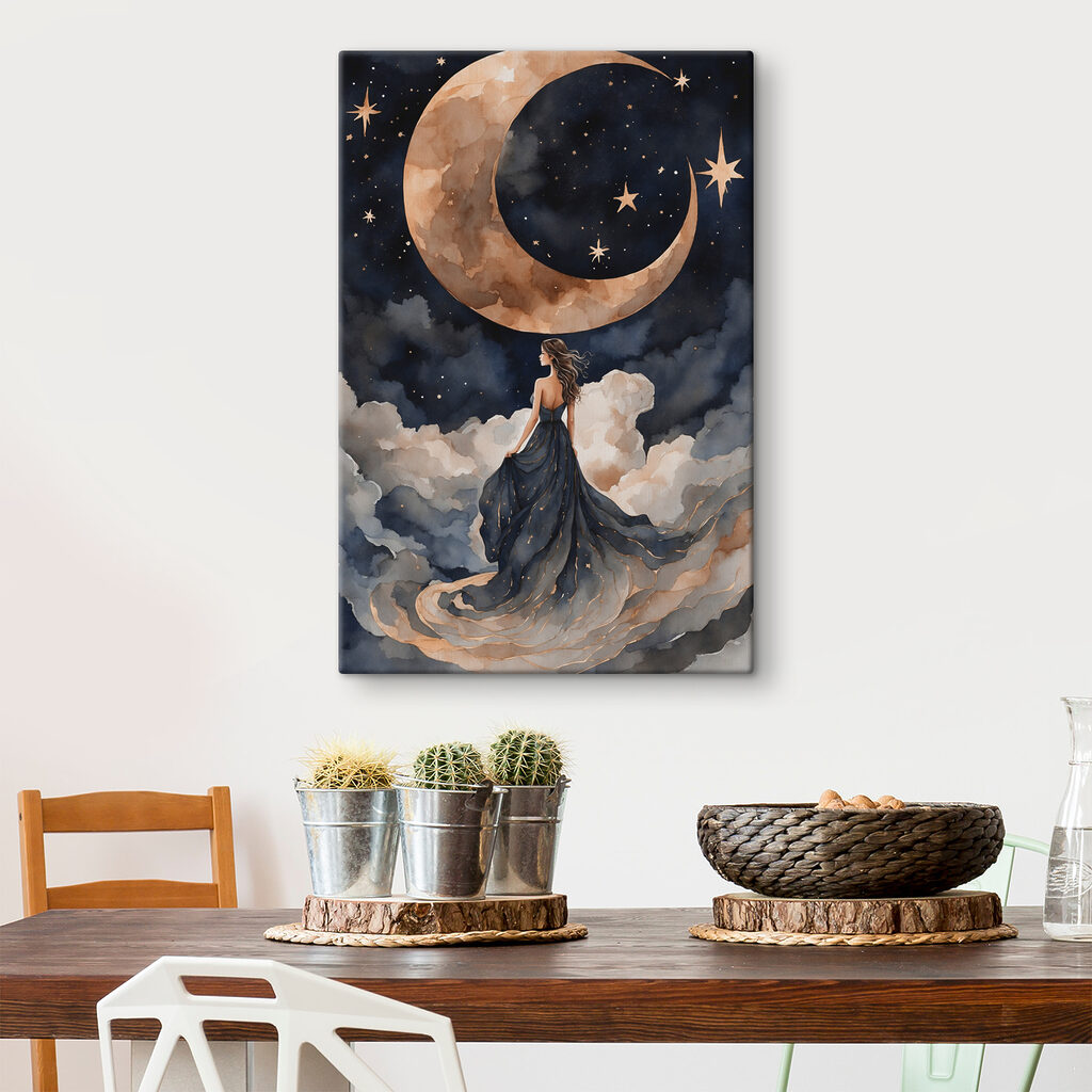 A woman in a blue dress and a moon in the sky A woman in a blue dress and a moon in the sky