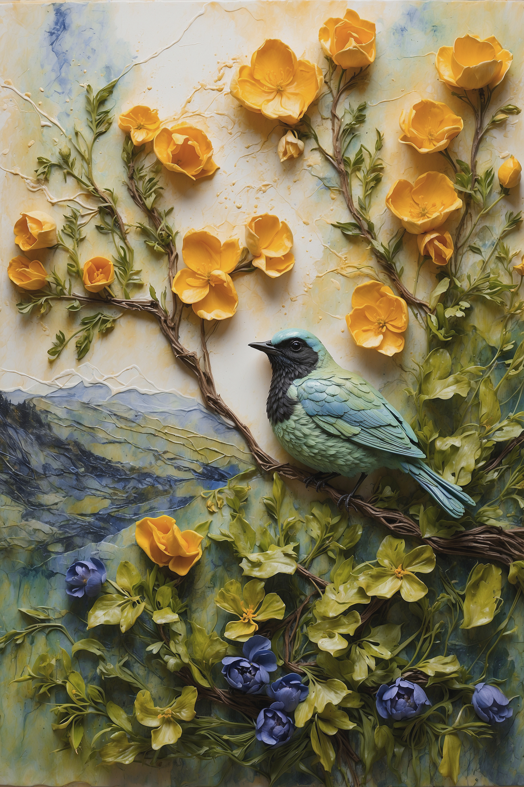A bird on a tree branch surrounded by flowers