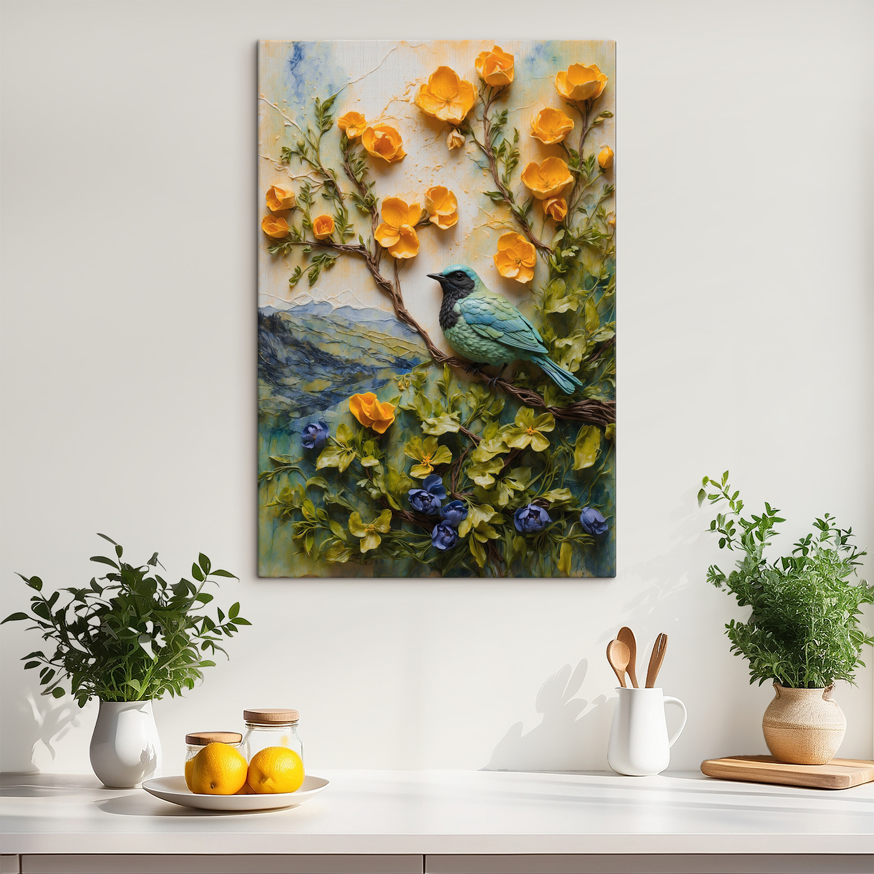 A bird on a tree branch surrounded by flowers