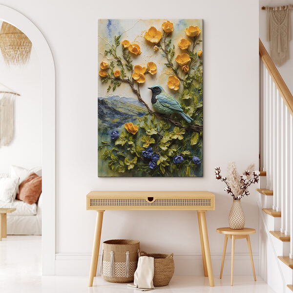 A bird on a tree branch surrounded by flowers