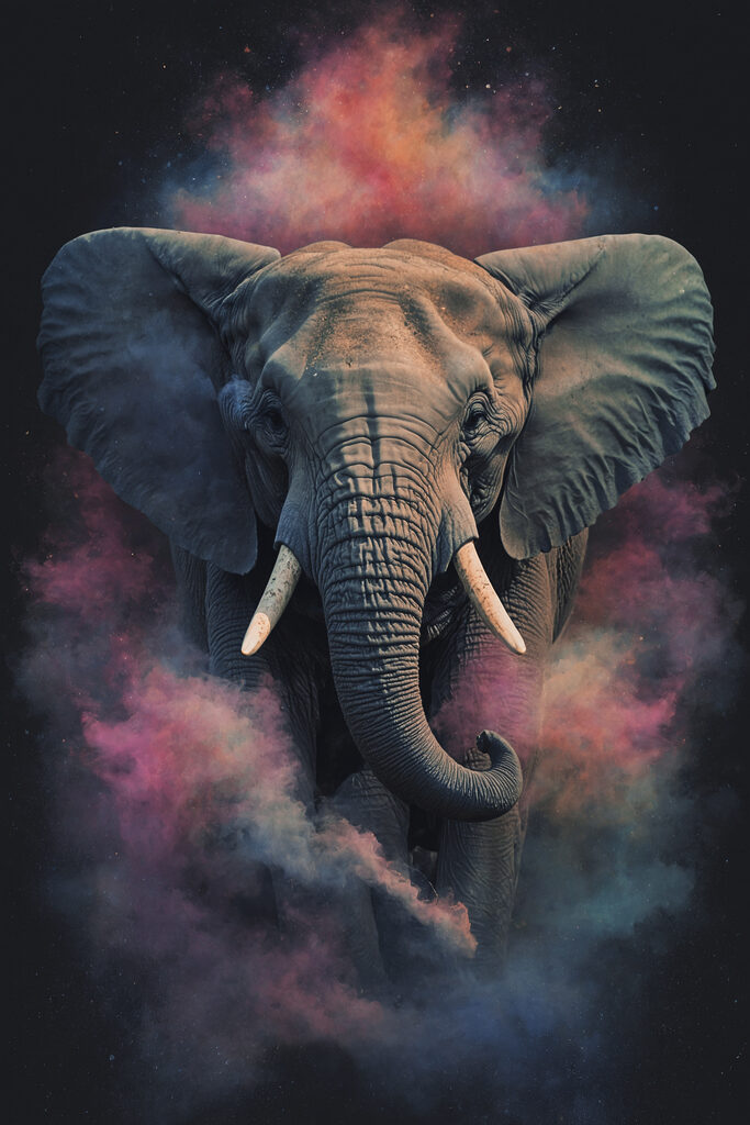 An elephant with smoke and clouds of smoke