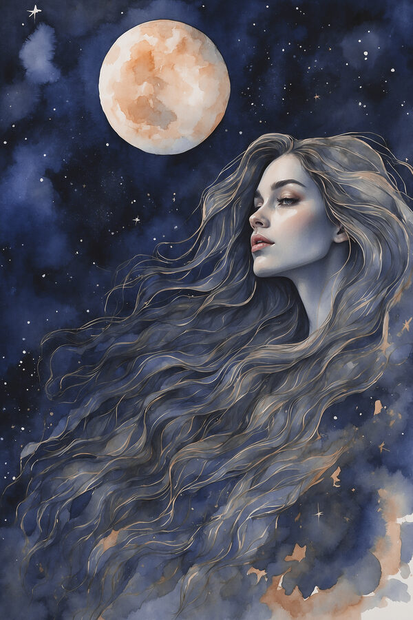 A woman with long hair and a moon A woman with long hair and a moon