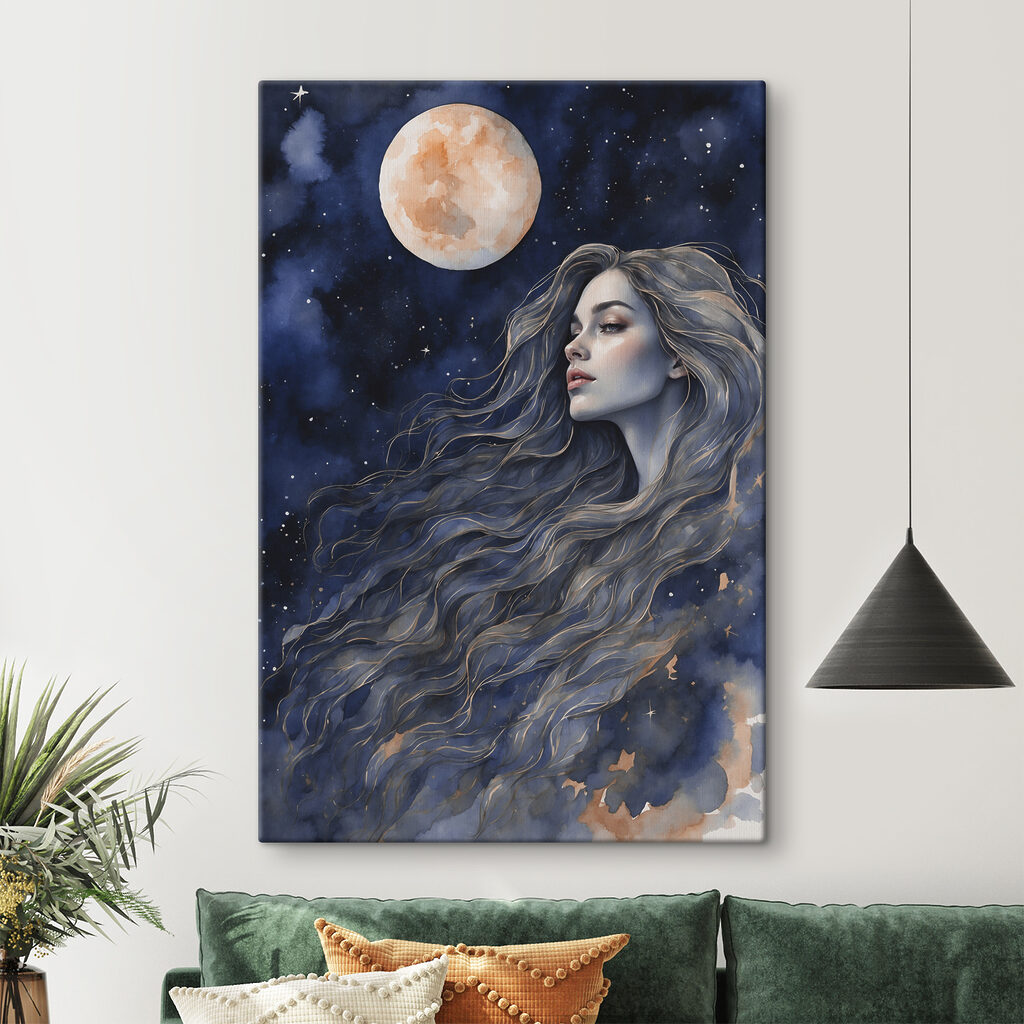 A woman with long hair and a moon A woman with long hair and a moon