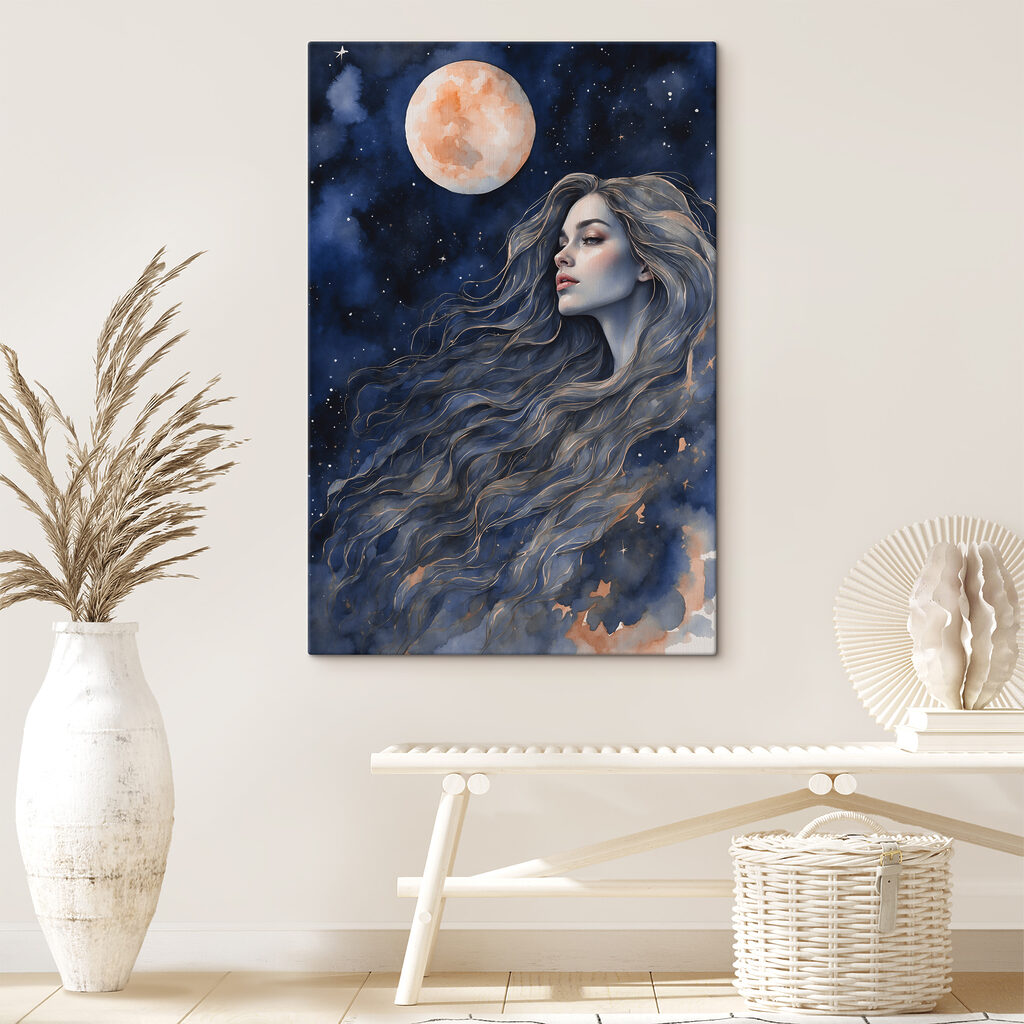 A woman with long hair and a moon A woman with long hair and a moon