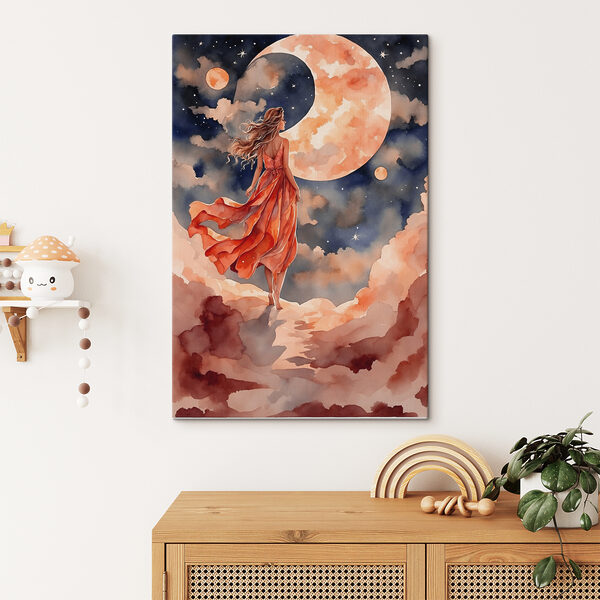 A woman in a dress walking on a cloud