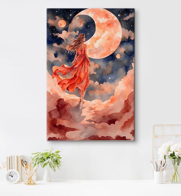 A woman in a dress walking on a cloud
