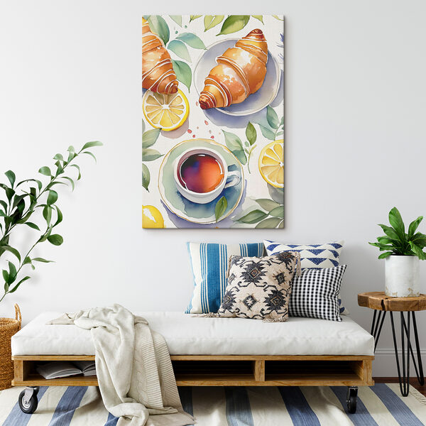 Quadri Quadri Acquerello raffigurante un croissant e una tazza di tè (COD: s38389)