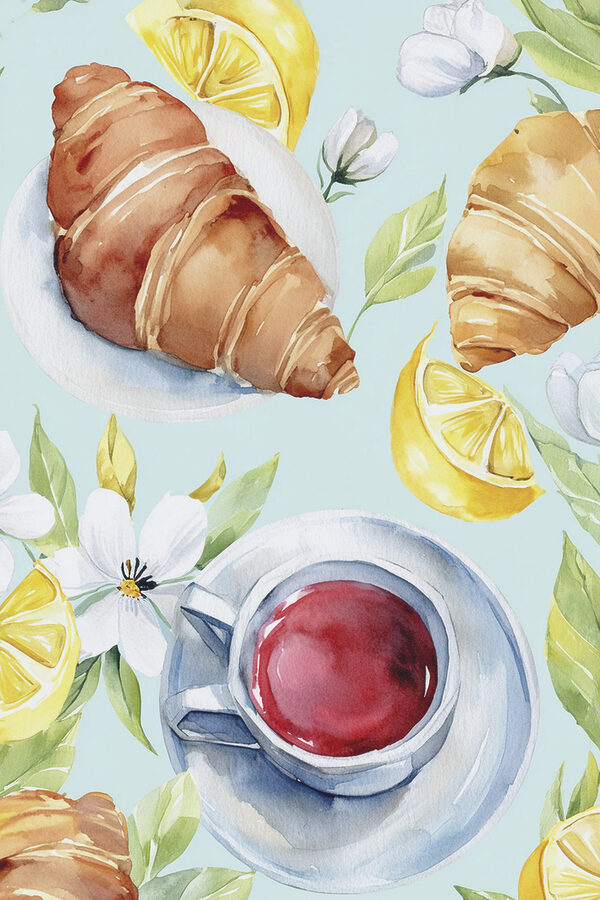 A watercolor of a croissant and a cup of tea A watercolor of a croissant and a cup of tea