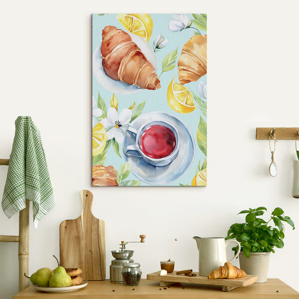 Quadri Quadri Un acquerello raffigurante un croissant e una tazza di tè (COD: s38390)
