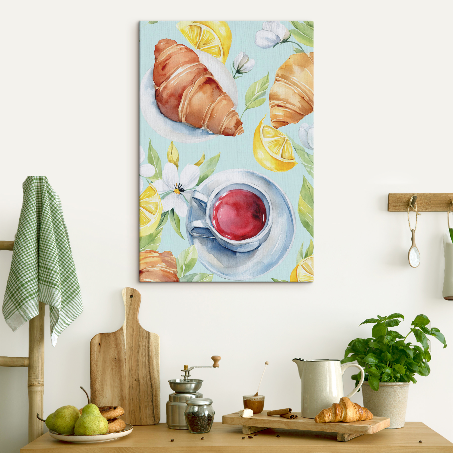 A watercolor of a croissant and a cup of tea A watercolor of a croissant and a cup of tea