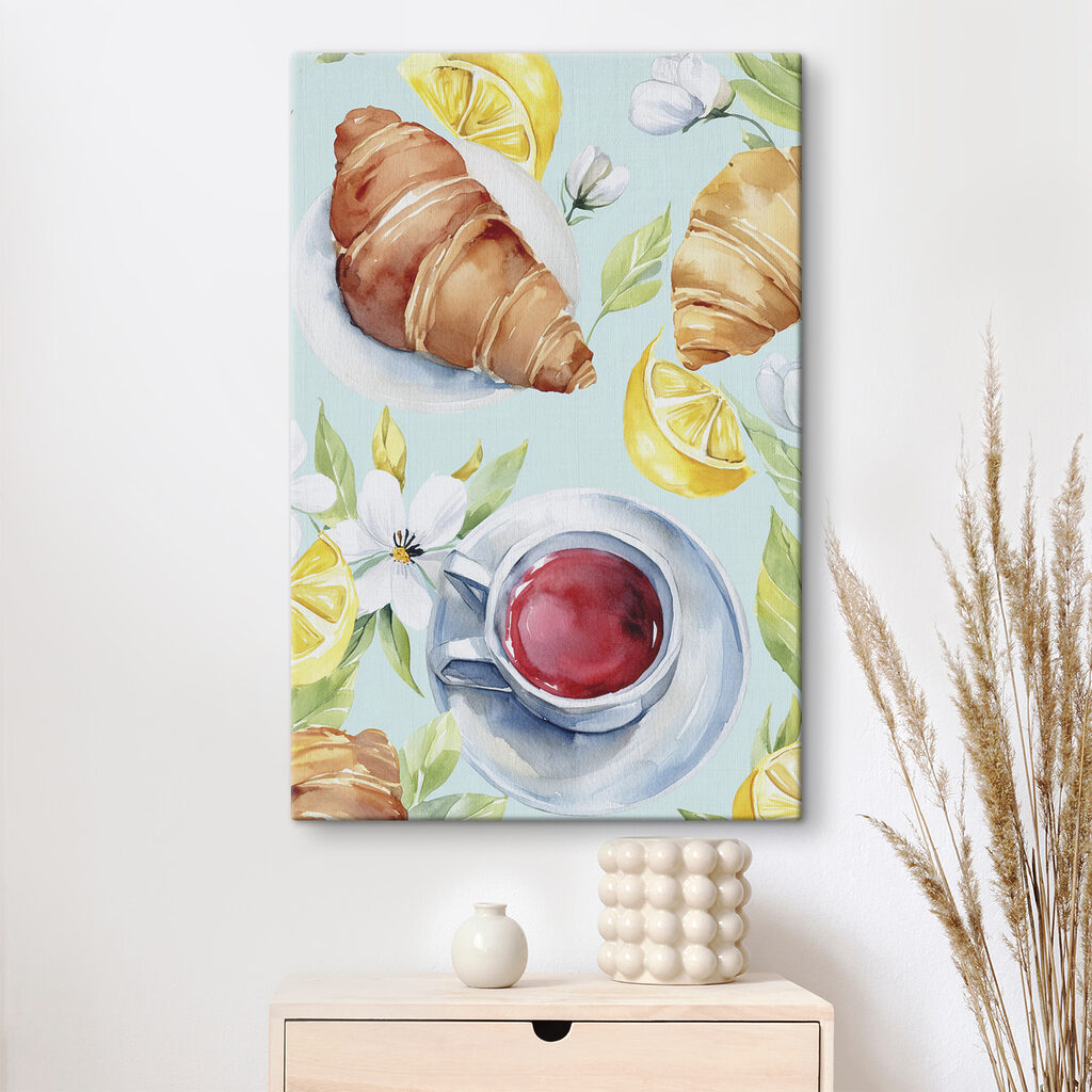 A watercolor of a croissant and a cup of tea A watercolor of a croissant and a cup of tea