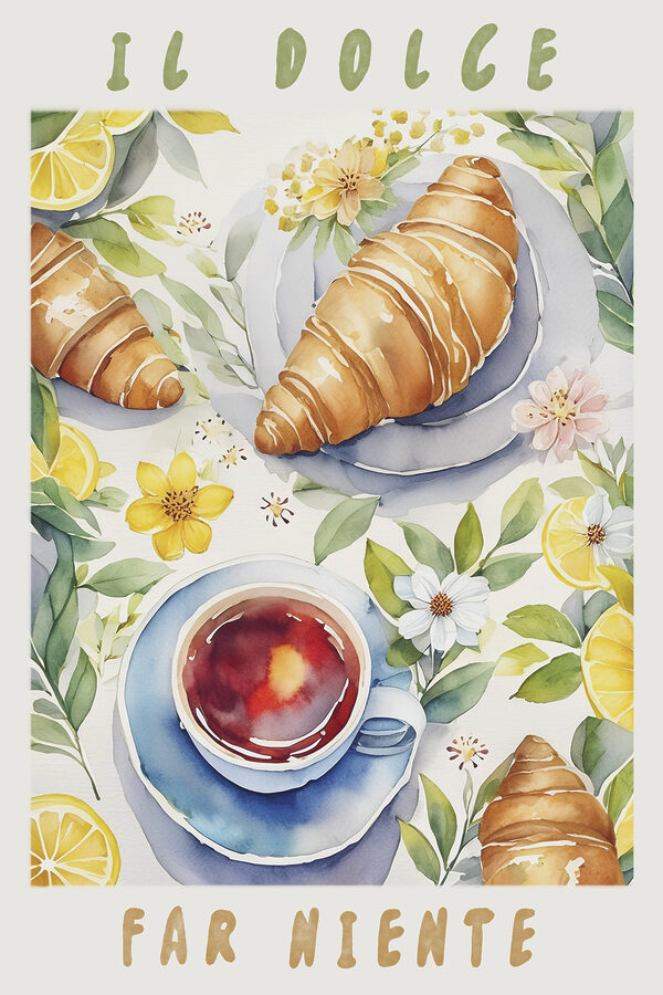 A watercolor painting of food and a cup of tea