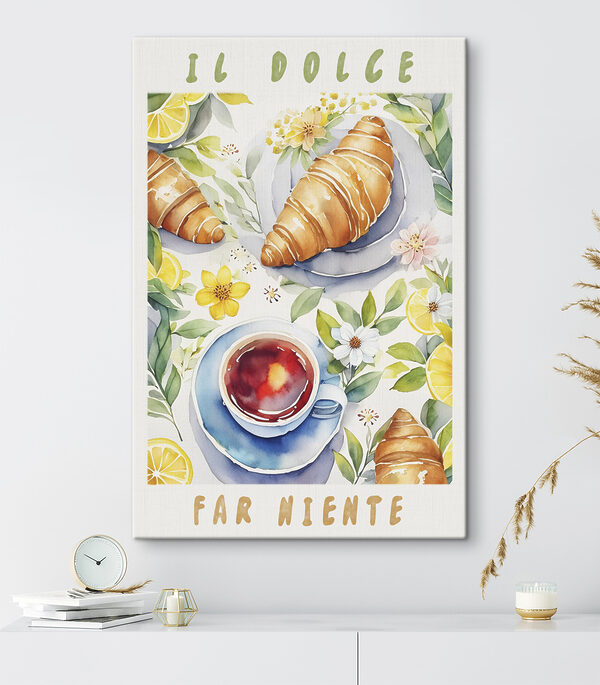 A watercolor painting of food and a cup of tea