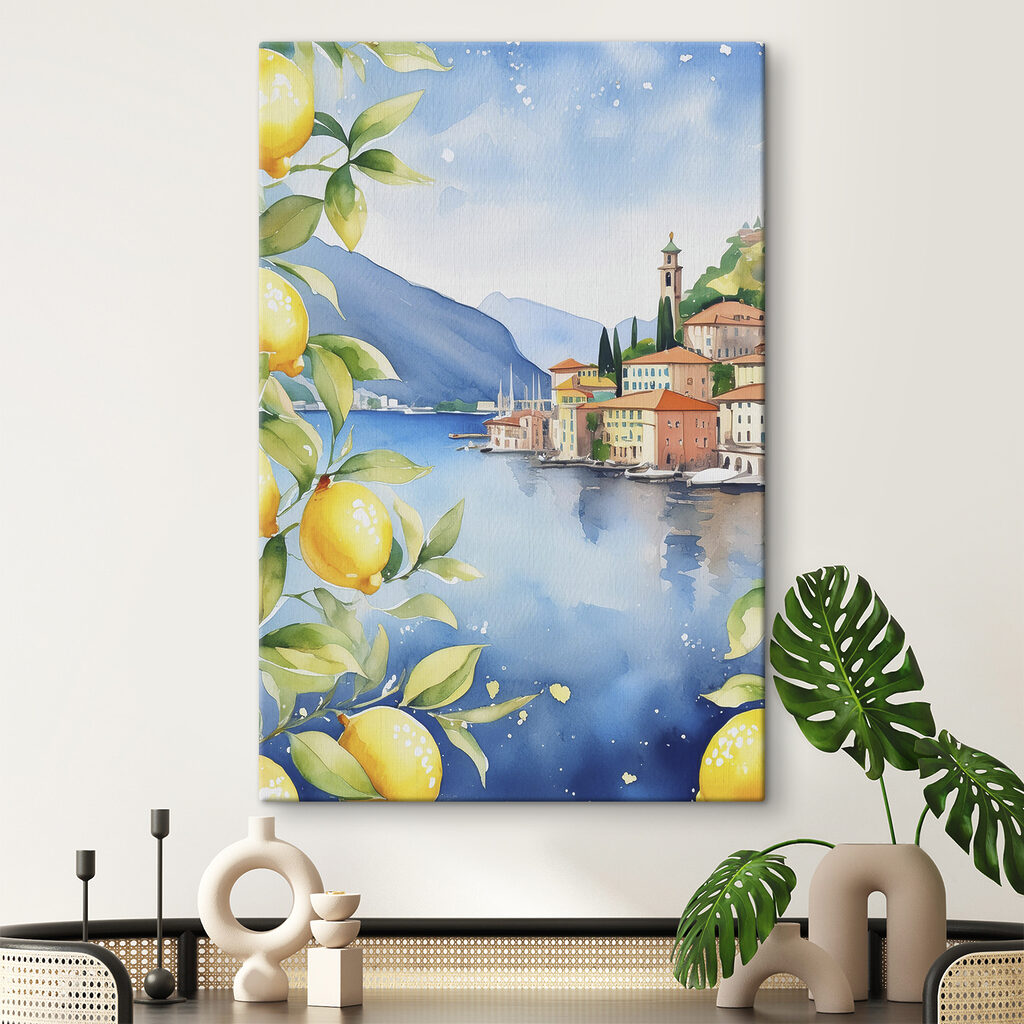 Watercolor of a city by a body of water
