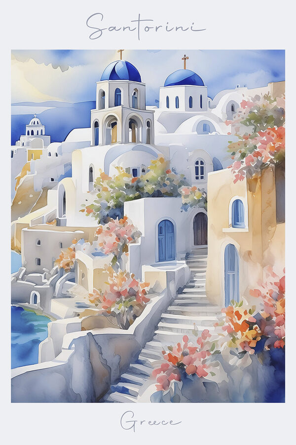 A watercolor painting of a white building with blue domes