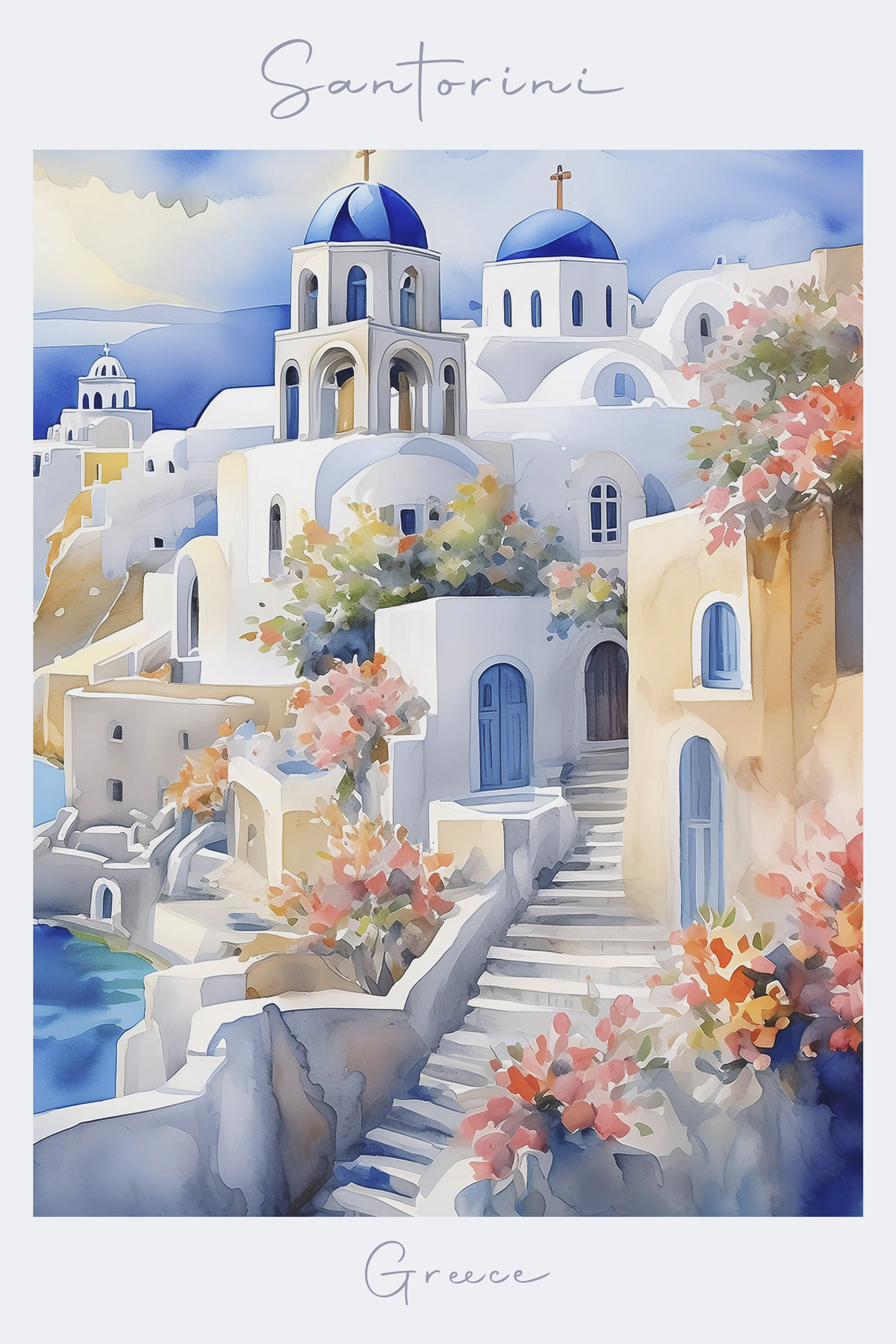 A watercolor painting of a white building with blue domes