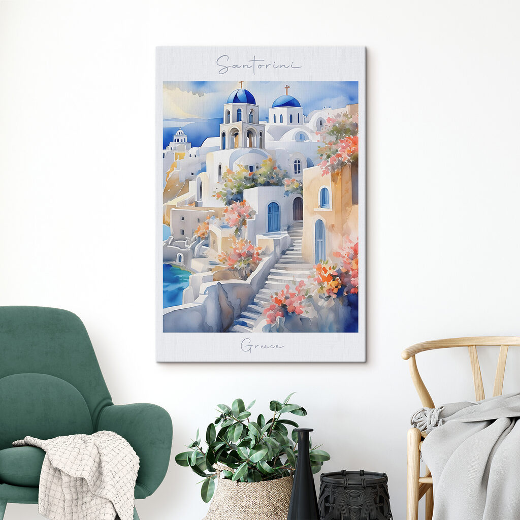 A watercolor painting of a white building with blue domes