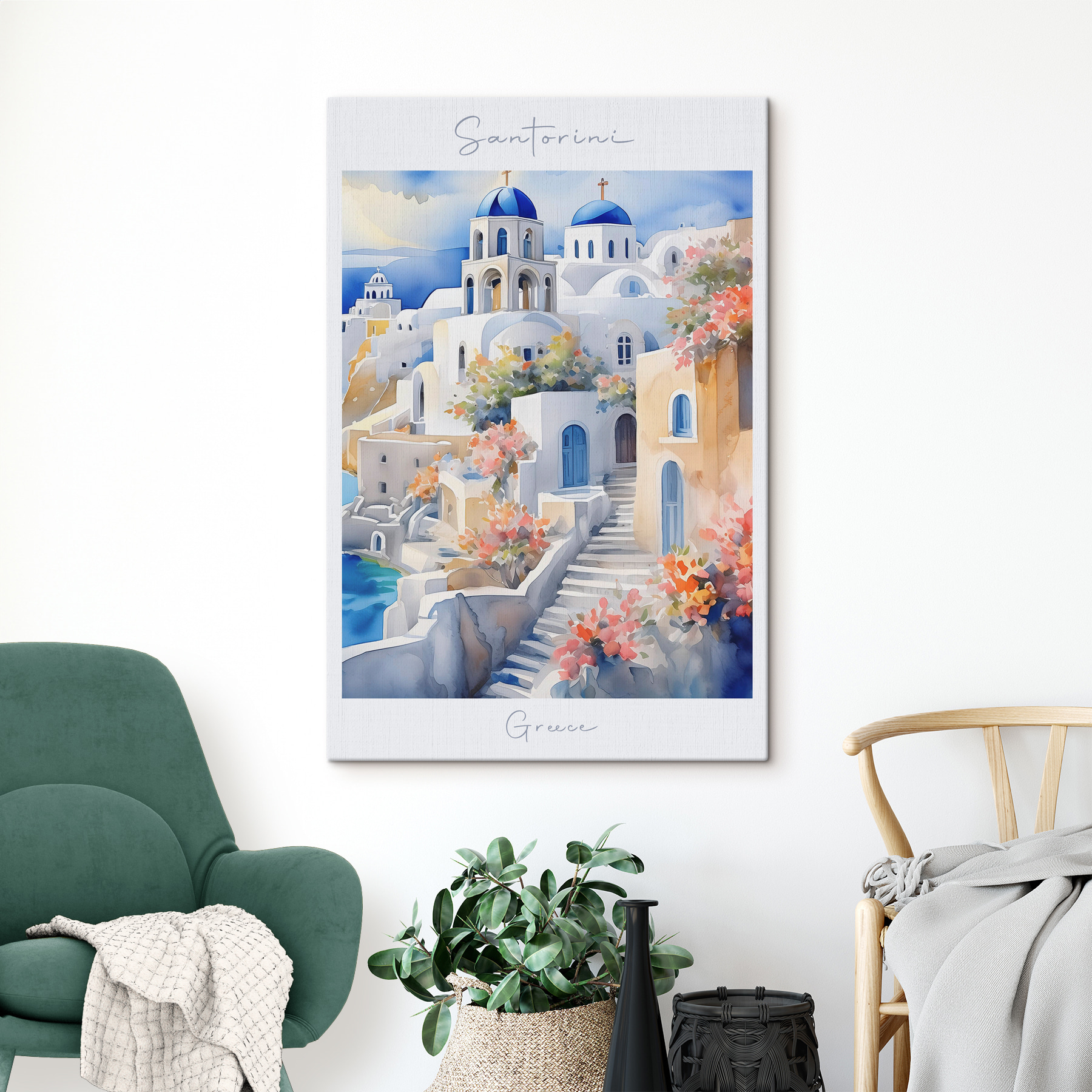 A watercolor painting of a white building with blue domes