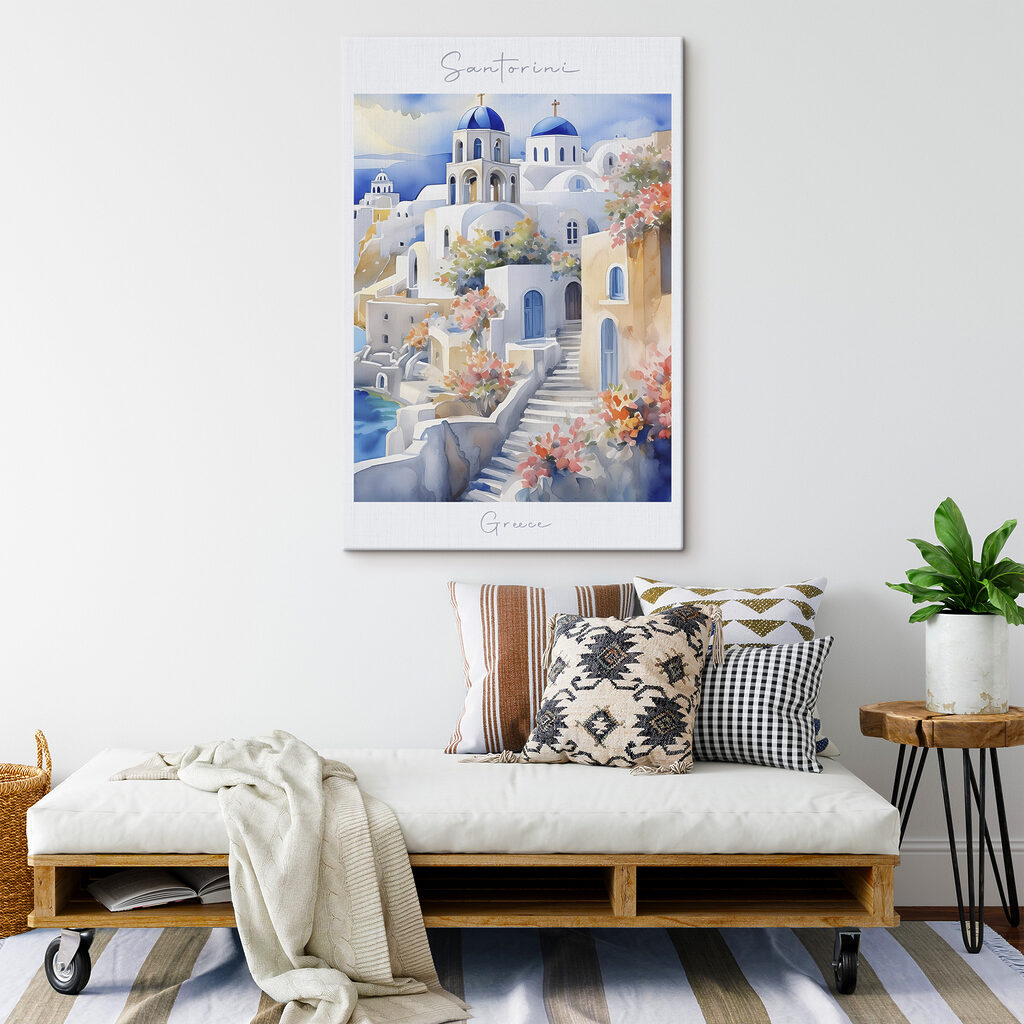A watercolor painting of a white building with blue domes