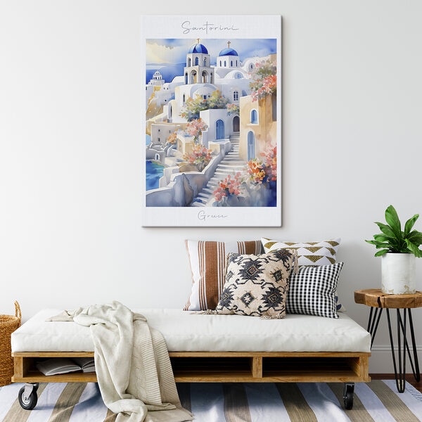 A watercolor painting of a white building with blue domes