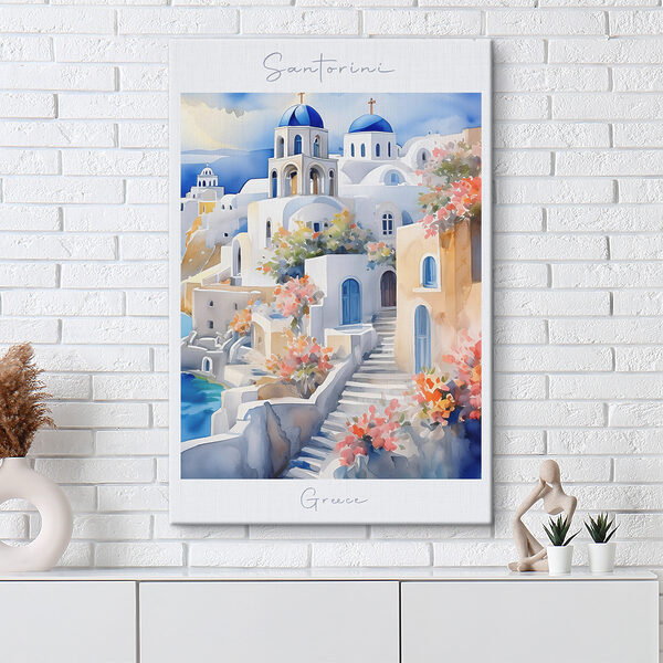 A watercolor painting of a white building with blue domes