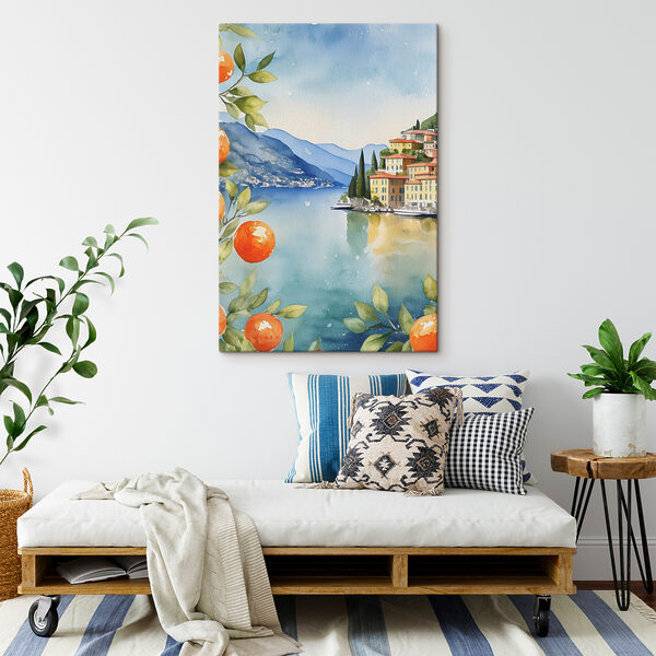 Watercolor of a town next to a body of water