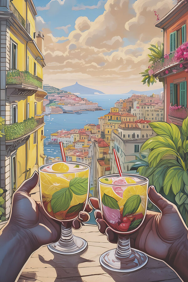 A pair of hands holding glasses with fruit and leaves on them A pair of hands holding glasses with fruit and leaves on them