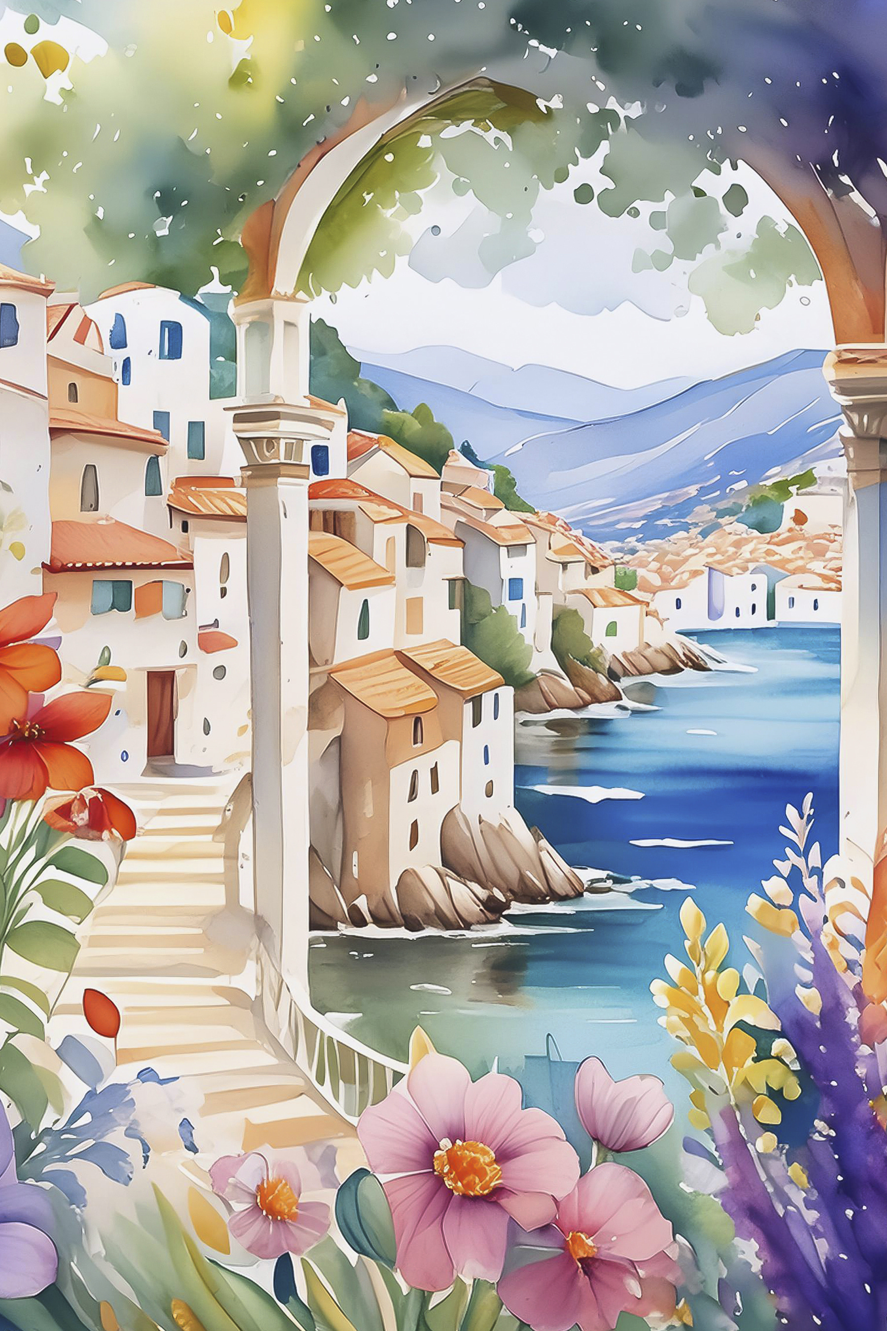 A painting of a town with a river and flowers
