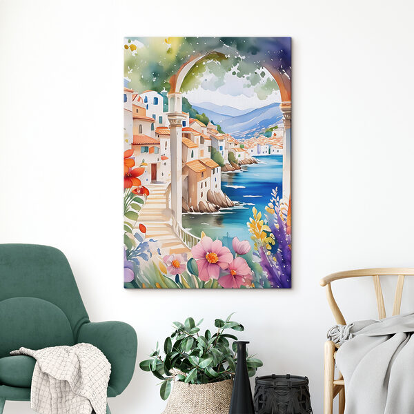 Quadri Quadri Un dipinto raffigurante una cittadina con un fiume e dei fiori (COD: s38406)