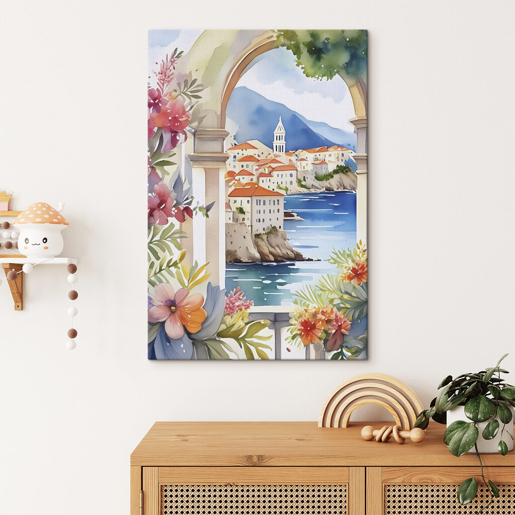 A watercolor painting of a town on a cliff A watercolor painting of a town on a cliff