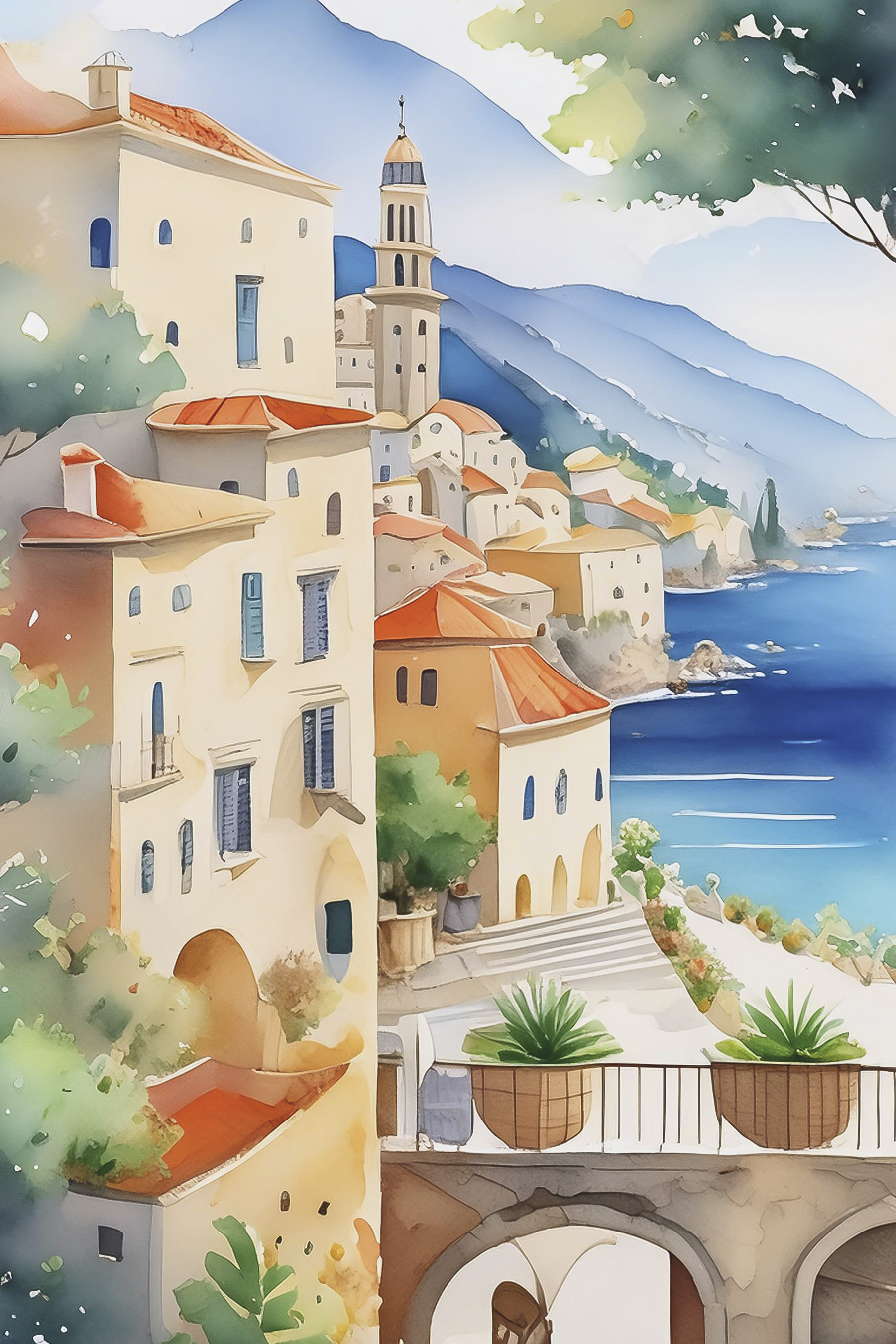 Watercolor painting of a town on a hill by the sea