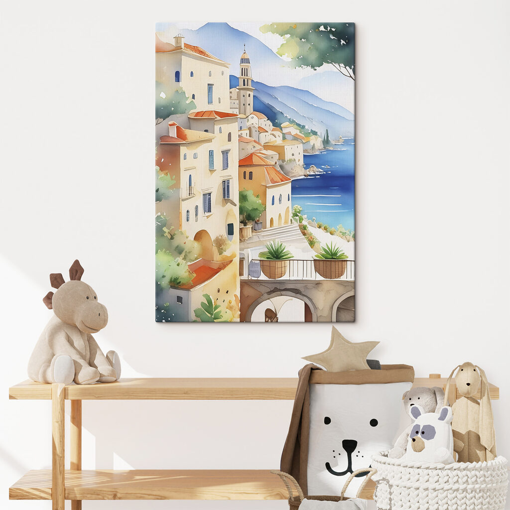Watercolor painting of a town on a hill by the sea