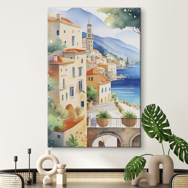 Watercolor painting of a town on a hill by the sea