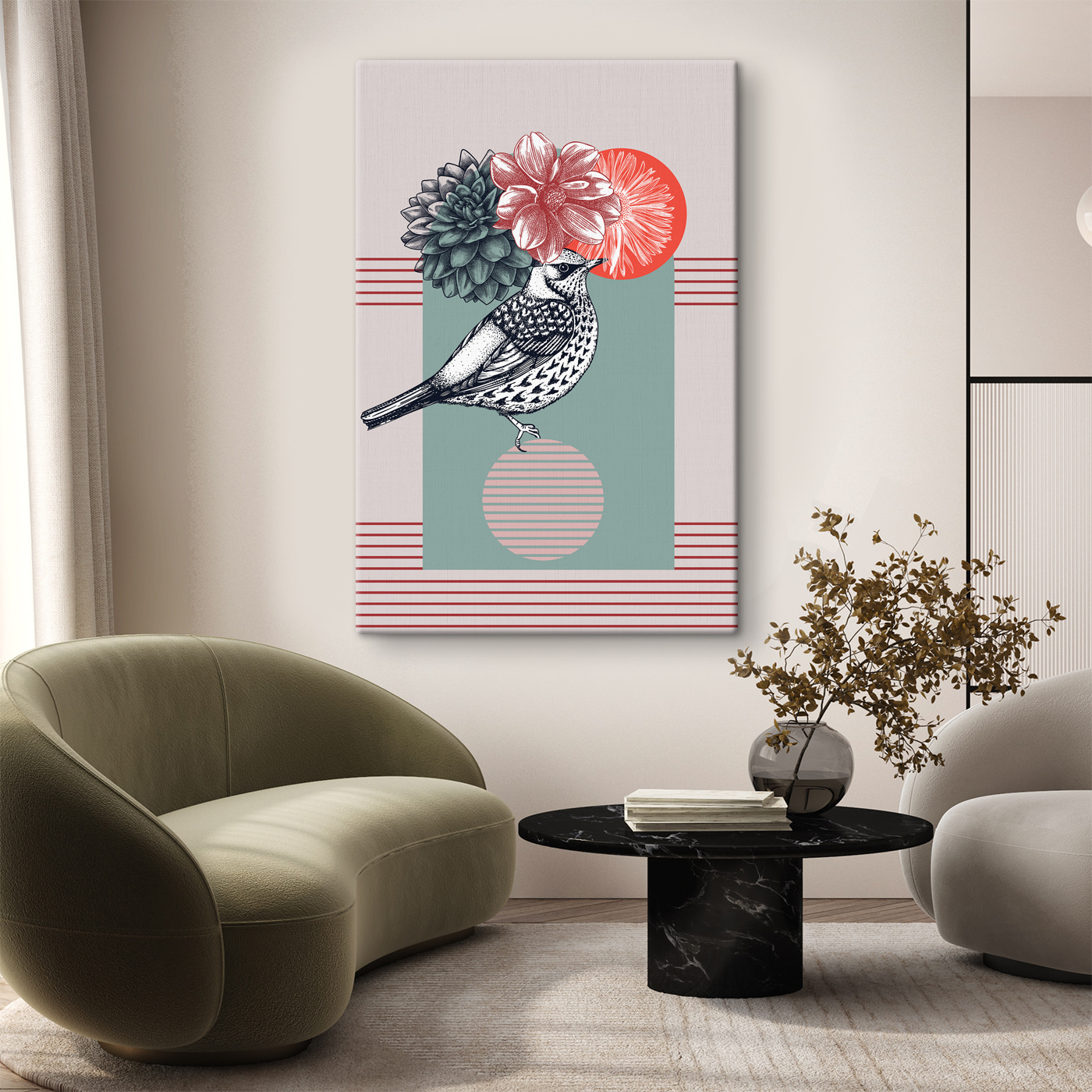 A bird with flowers on its head
