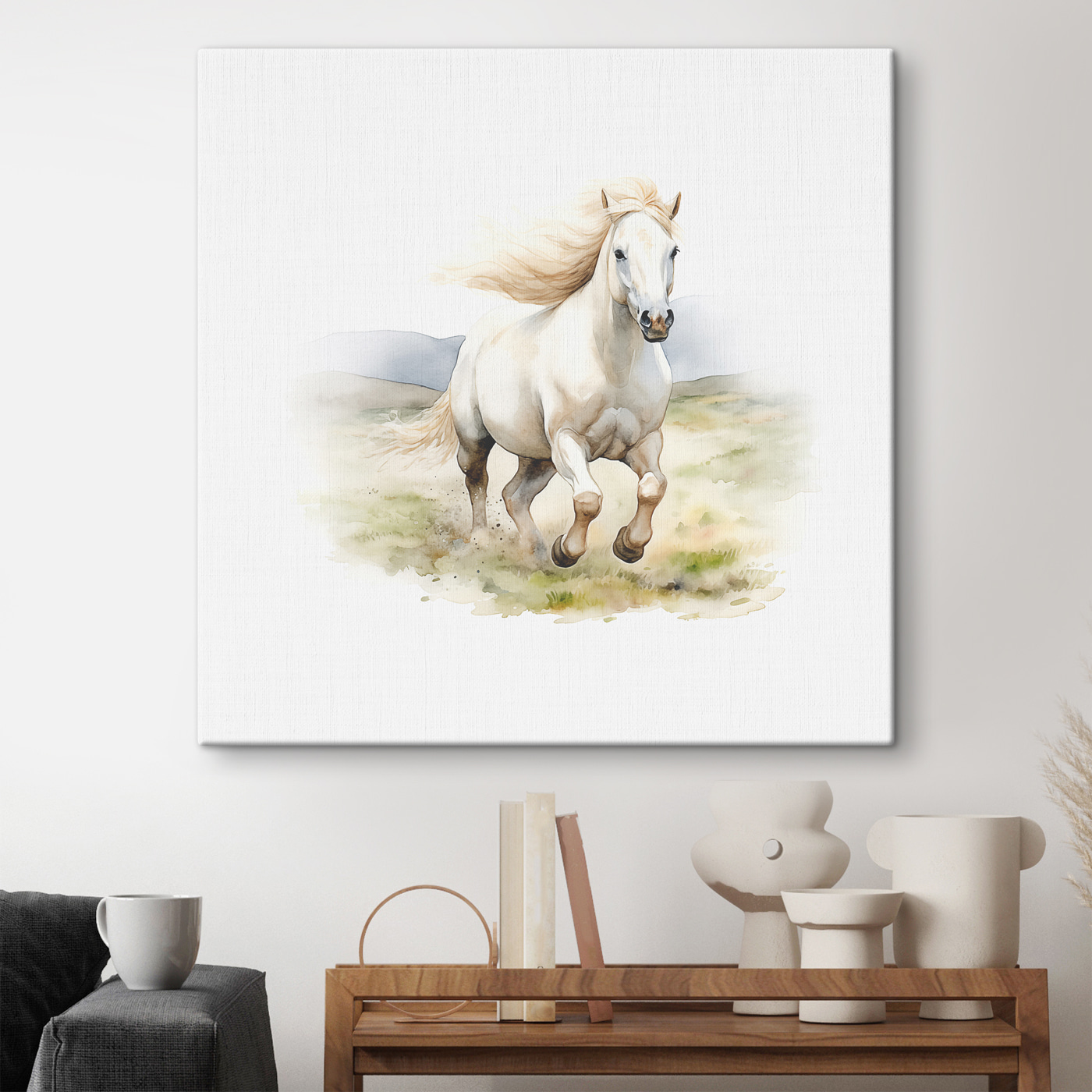A white horse running in a field