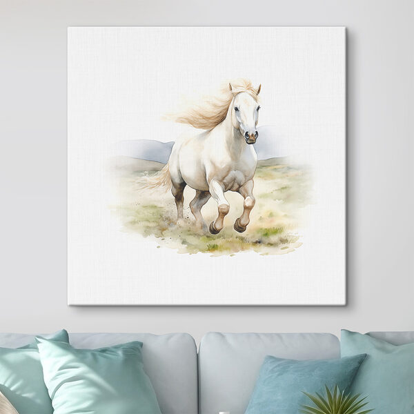 A white horse running in a field