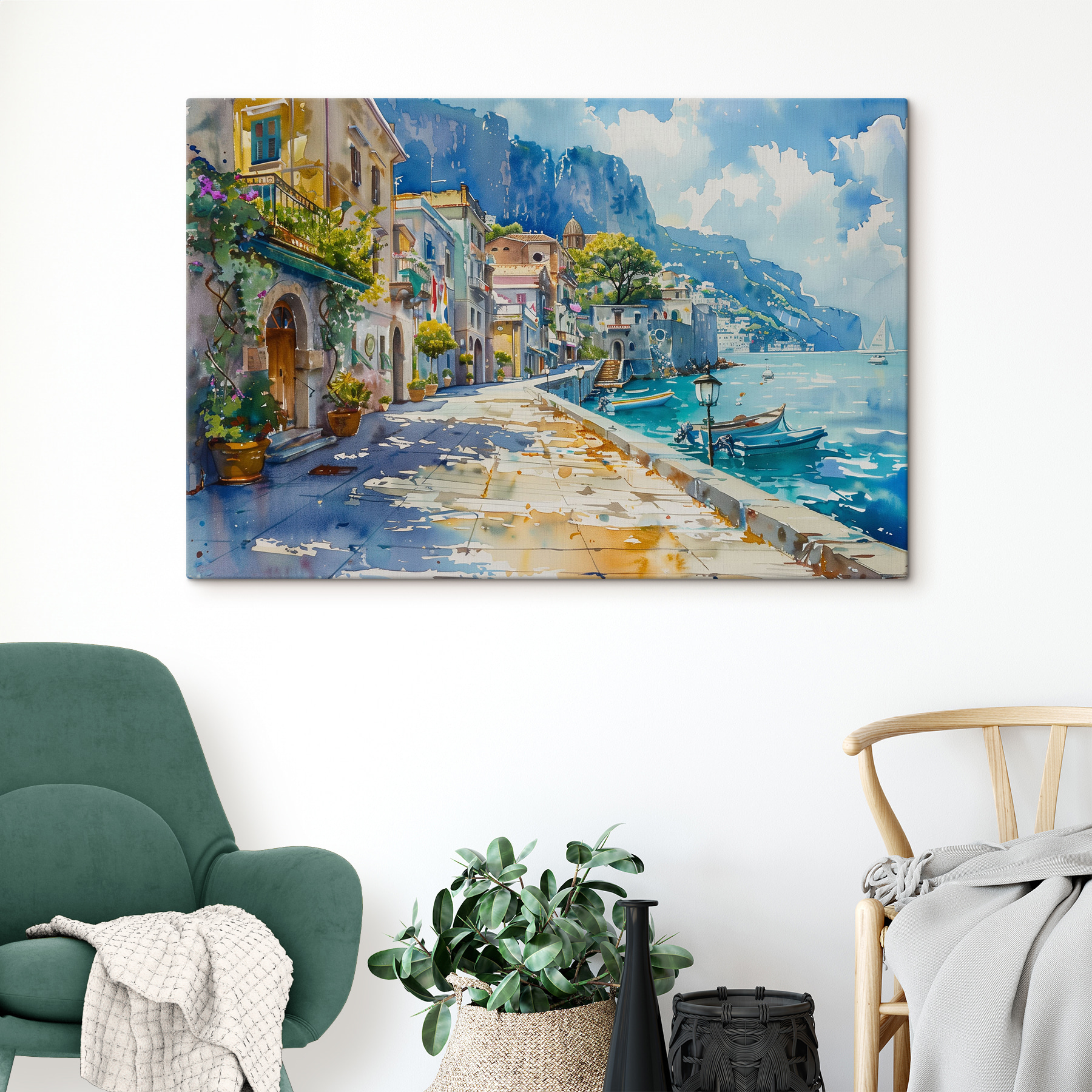 Watercolor of a city along a body of water