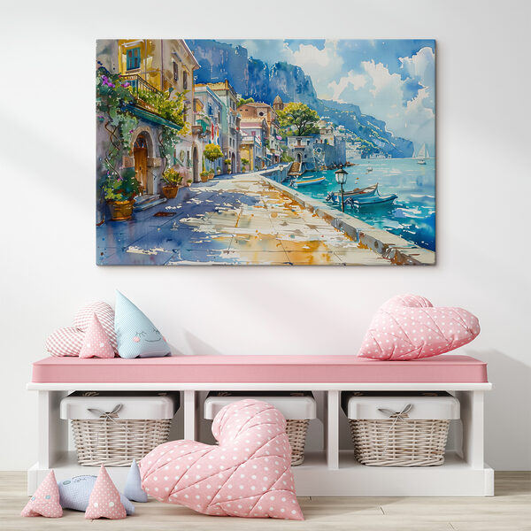 Watercolor of a city along a body of water