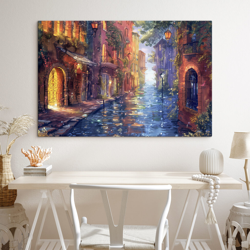 A water way with buildings and trees