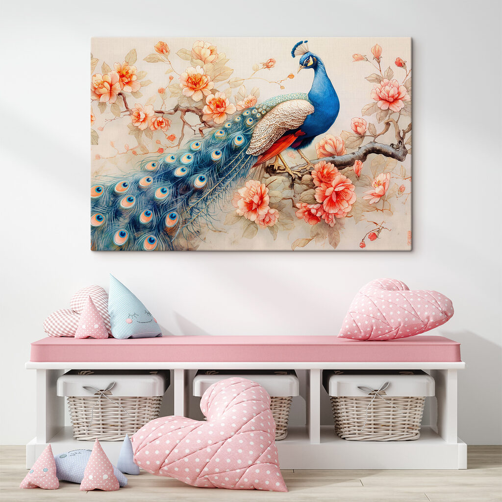 A painting of a peacock on a branch with flowers