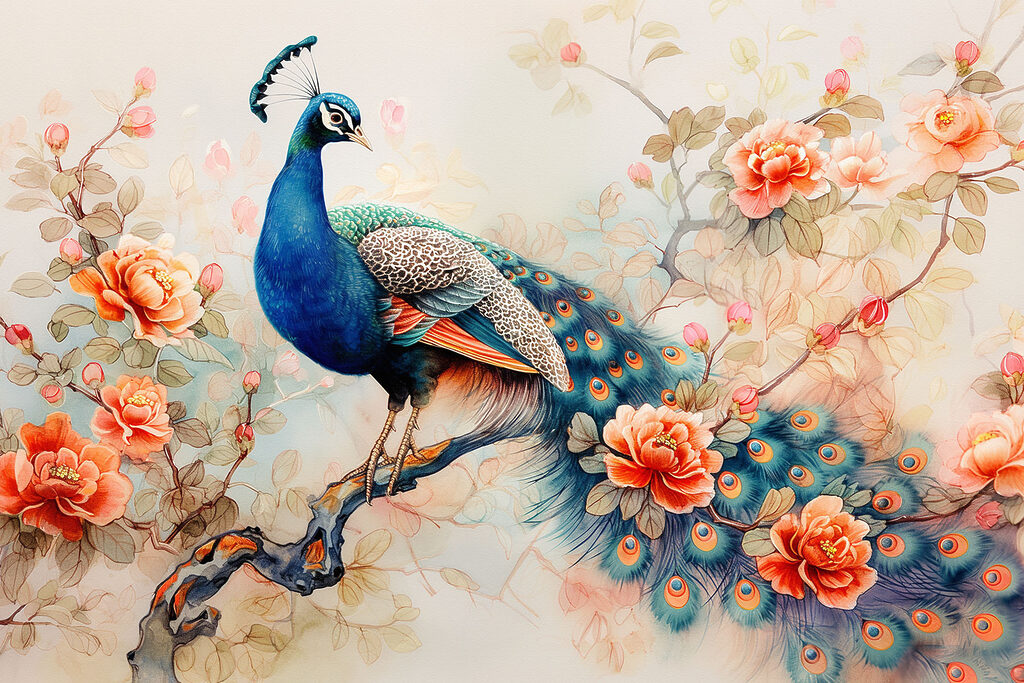 A painting of a peacock on a branch with flowers