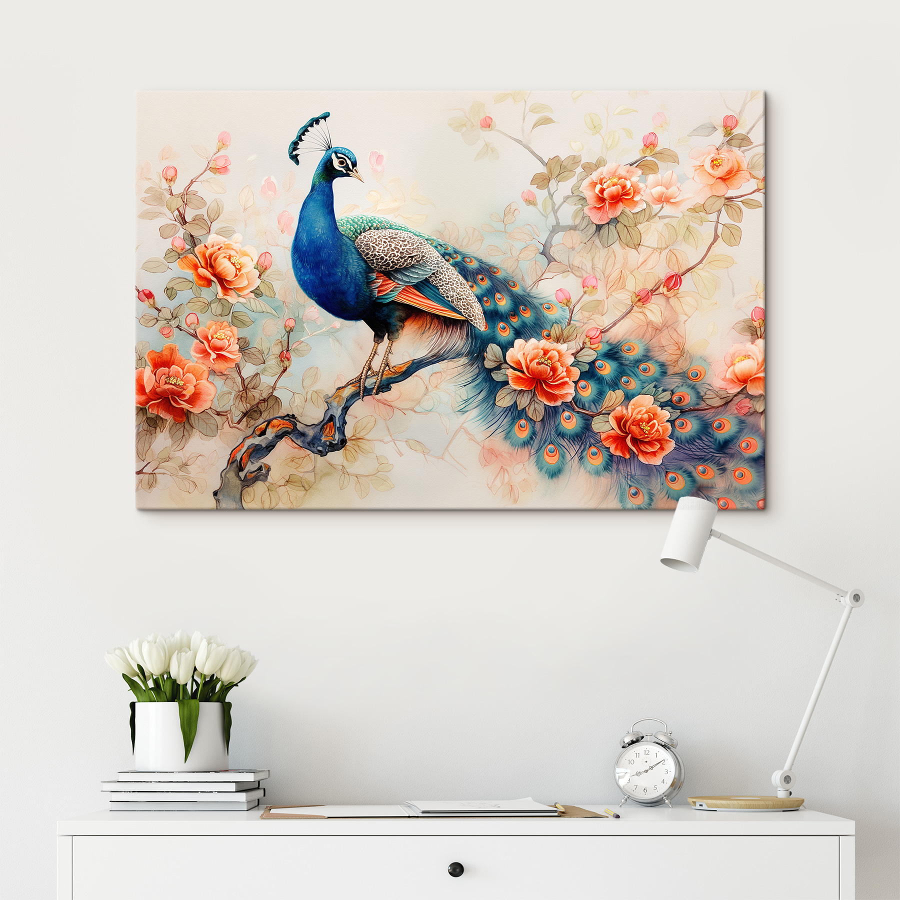 A painting of a peacock on a branch with flowers