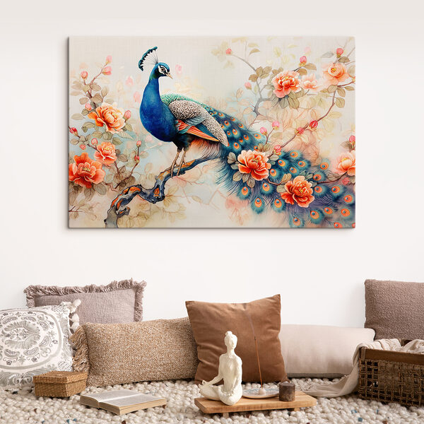 A painting of a peacock on a branch with flowers
