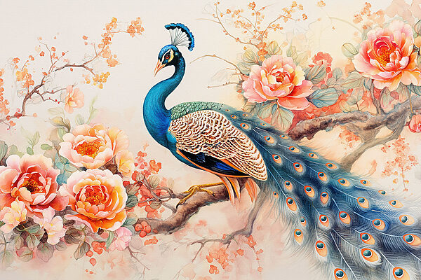 A painting of a peacock on a branch with flowers A painting of a peacock on a branch with flowers