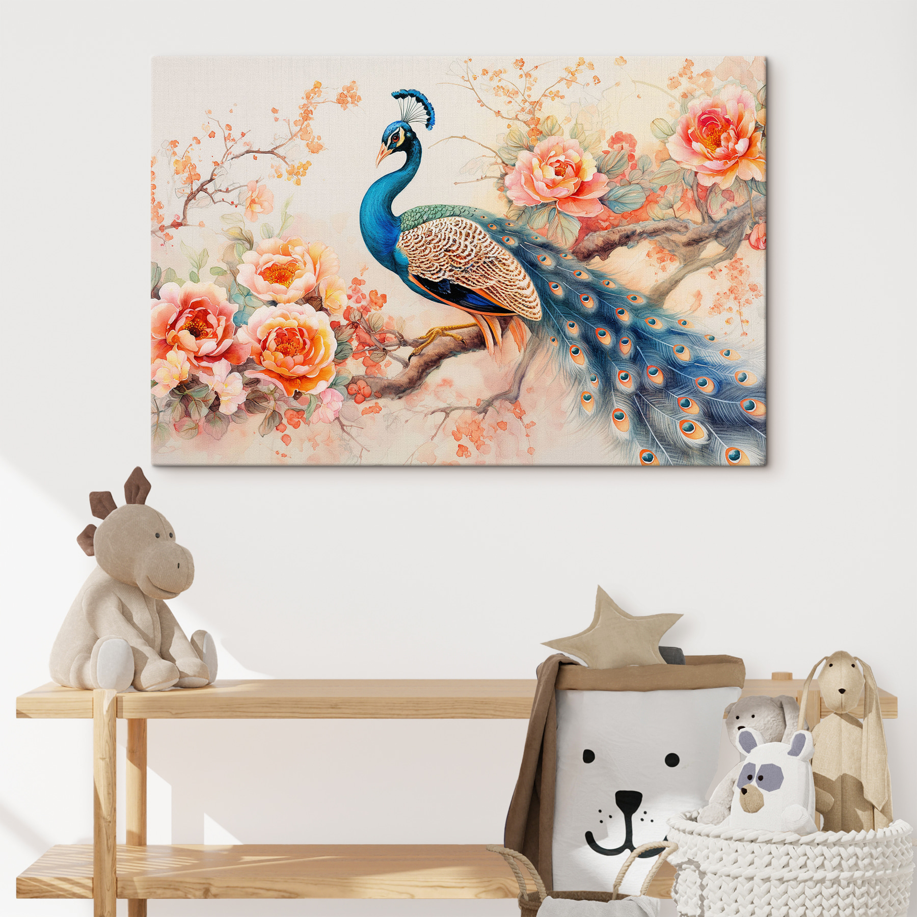 A painting of a peacock on a branch with flowers A painting of a peacock on a branch with flowers