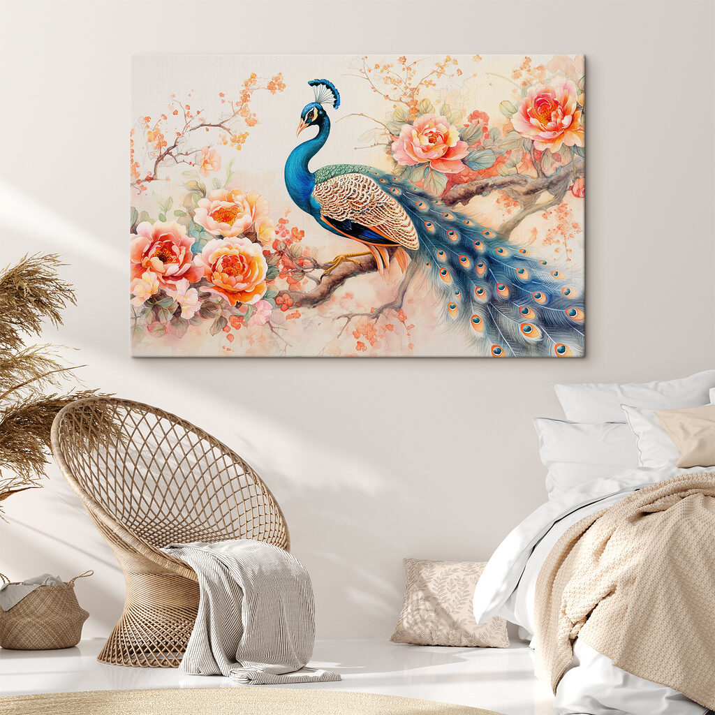 A painting of a peacock on a branch with flowers A painting of a peacock on a branch with flowers