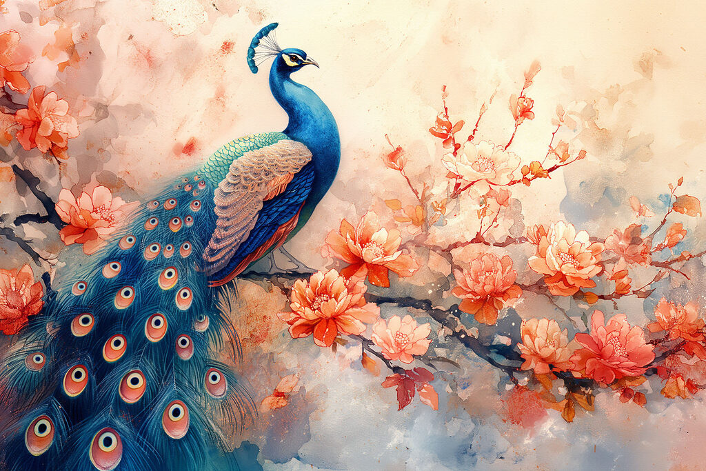 A painting of a peacock on a branch with flowers
