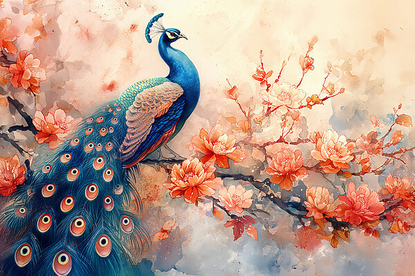 A painting of a peacock on a branch with flowers