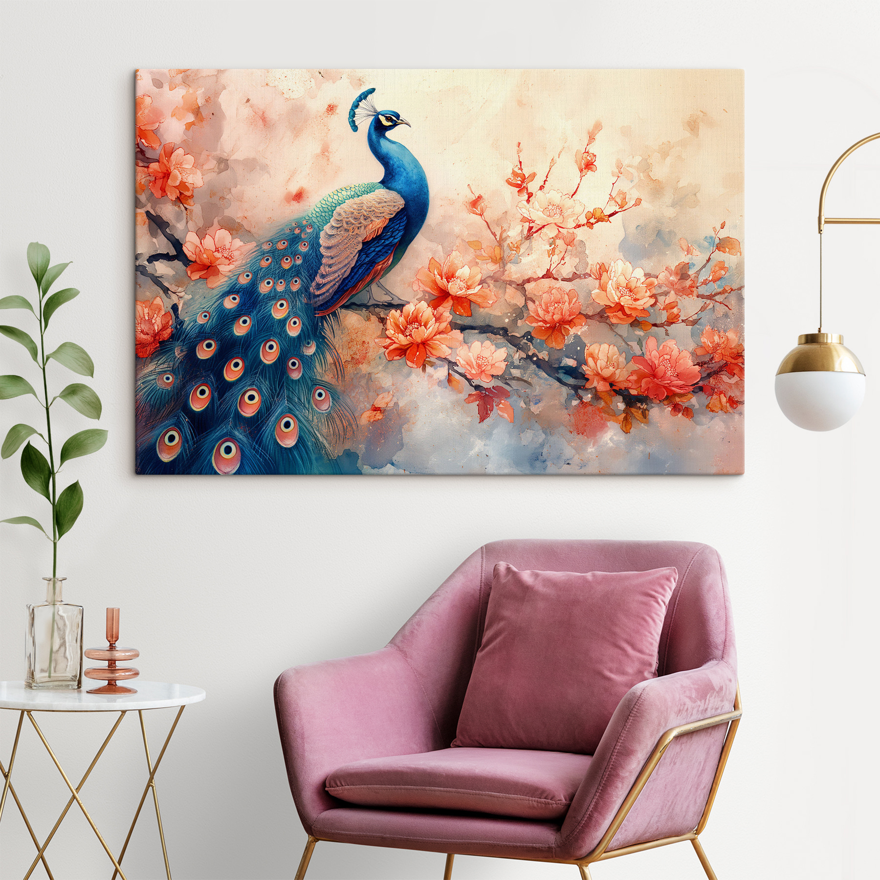 A painting of a peacock on a branch with flowers