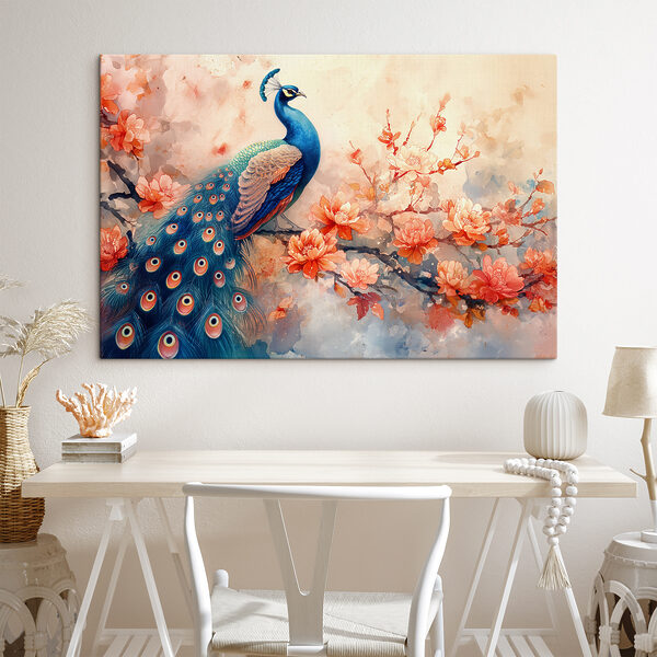 A painting of a peacock on a branch with flowers